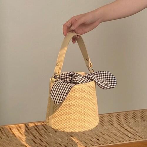 Vintage Straw Bucket Women Handbag Fashion Bow Lattice Messenger Bag Woman High-quality Beach Casual Hard Womens Messenger Bag