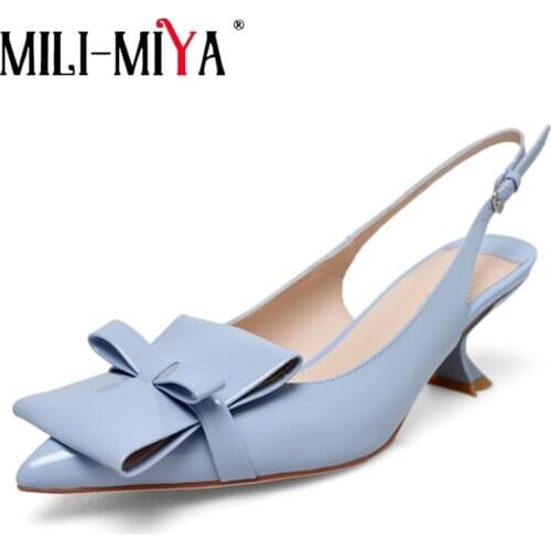 MILI-MIYA New Design Genuine Leather Strange Mid Heels Women Pumps Pointed Toe Bowtie Decoration Sky Blue Princess Shoes Beige