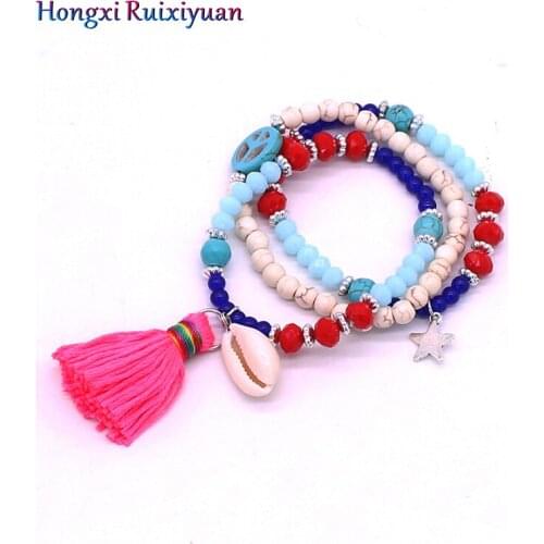 Bohemian style crystal bracelet handmade beaded bracelets for women fashion crystal tassel stone peace symbol bracelet jewelry