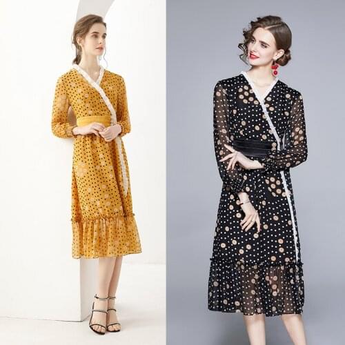 Summer Womens New White Fungus V-neck Polka Dot Chrysanthemum Print Waist Chiffon Mid-length Long Sleeve Dress