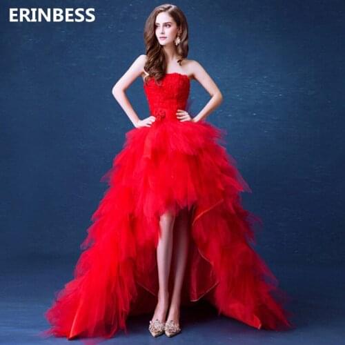 High/Low Prom Dresses 2019 Red Tulle Evening Dresses Long Party Dresses Sexy Strapless Prom Dress Lace-up Back Robe De Soiree