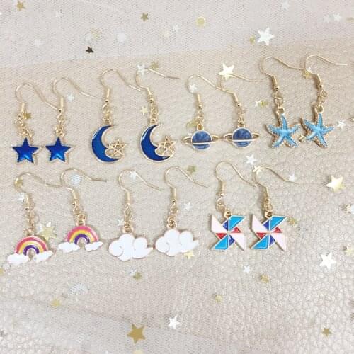 1 Pairs Creative Rainbow Blue Moon Star Universe Starfish Mini Earrings for Women Cute Candy Color Clouds Dangles Ear Hook Gifts