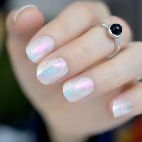 24pcs White Chameleon Acrylic False Nails Short Round Design Artificial Nail Tips Mirror DIY Finger Patch Salon Product Z856