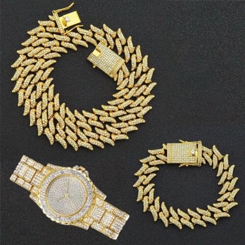 3pcs Kit 20MM Hip Hop Iced Out Full Bling Rhinestone Mens Thorns Prong Cuban Link Bracelet Chain Necklace for Men Women Jewelry