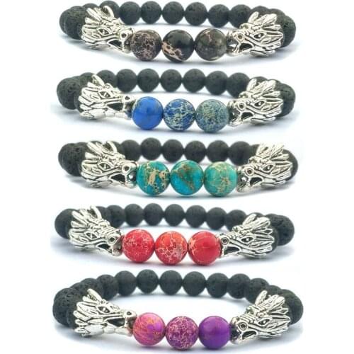 5 Colors Sediment Imperial Stone Bracelet Black Lava Stone Essential Oil Diffuser Bracelets Dragon Heads Stretch Energy Jewelry