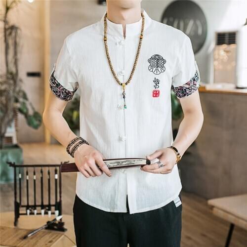 #8131 White Black Blue Stand Collar Casual Vintage Shirt Men Short Sleeve Chinese Style Embroidery Cotton Linen Men Shirts Slim