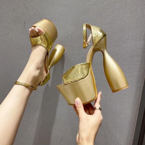 16cm Heeled Gold Sandals Heels Summer Party Sandal For Women Wedding High Heels Strange Heeled Chunky Shoes Plataforma Mujer