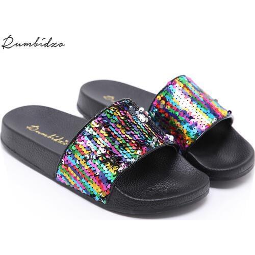 Rumbidzo Women Fashion Sandals Sexy Ladies Bling Flat Heels Slides Sandals Women Wedge Slip On Summer Beach Sandalias Seqins