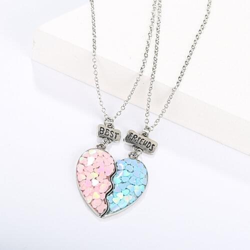 Luckydays Hot Sequin Stitching Heart Broken Best Friends Necklace Pendant Chain BFF Friendship Jewelry Gifts For Kids 2PCS/Set