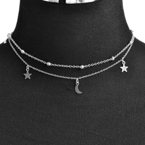 50% Hot Sale Fashion Women Double Layer Chain Moon Star Pendant Necklace Party Jewelry Gift