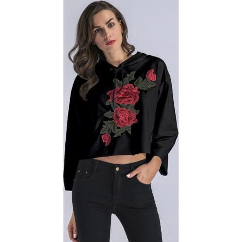CR 2019 Spring Crop Top New Hoodies Women Rose Embroidery Long Sleeve Hoodie Sweatshirt for Women Pullover Tops Short Moletom