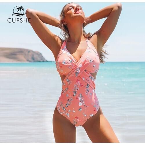 CUPSHE Pink Floral One-Piece Swimsuit Sexy Open Back Knot Padded Women Monokini 2021 New Girls Beach Bathing Suit Swimwear