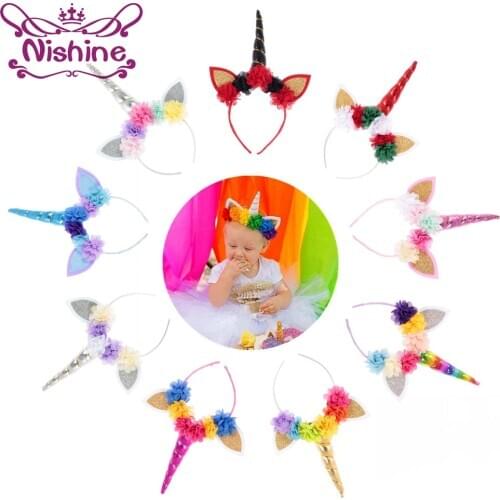 Nishine Handmade Kids Party Gold/Silver Unicorn Horn Headband Flower Horn Girls Headwear Birthday Hairband Hair Accessories