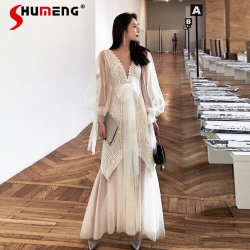 Elegant Deep V-neck Hollow Lace White Long Dress Sexy Mesh See-through Long Sleeve Multi-layered Maxi Dresses Women Party 2021