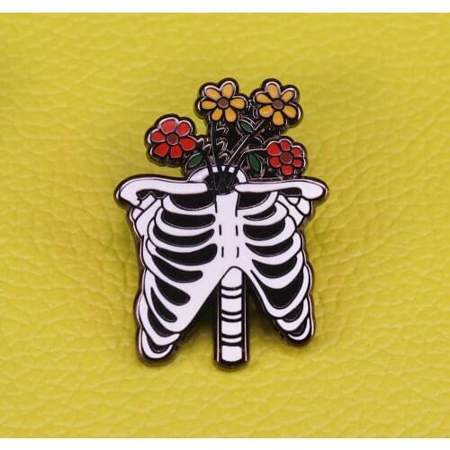 Skeleton and flower enamel pin Gothic brooch Halloween gift