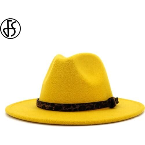 FS Wool Felt Jazz Fedora Hat Men Women Wide Brim Panama Trilby Cap Gentleman Wedding Formal Party White Black Red Pink Hats