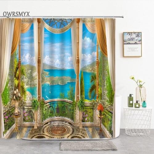 Windowsill Oil Painting Scenery Shower Curtain European Style Balcony Landscape Decor Curtain For Bathroom Bathroom Products