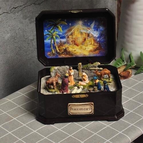 Catholic Manger Group Jesus Nativity Scene Decoration Sound and Light Music Box Decoration Christmas Gift Resin Crafts
