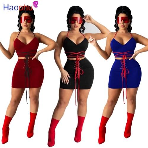 HAOOHU Two Piece Set Summer Clothes for Women Backless Crop Top Bandage Bodycon Mini Dress Sexy Vacation Outfits Matching Sets