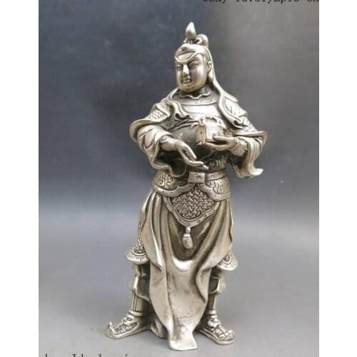 7" Fine China Silver carved beautiful Guan Yu son Guan Ping sculpture Statue