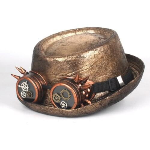 Men Leather Gold Pork Pie Hat Steampunk Hat Shower Fedora Hat Gear Glasses Flat Top Hat For Gentleman Bowler Gambler Cosplay Hat