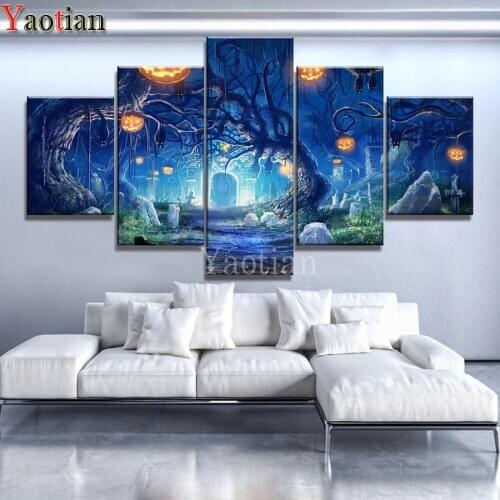 5 PCS 5D DIY Diamond Painting Full Square/Round Halloween Pumpkin Magic Tree Rhinestone Embroidery Cross Stitch Mosaic Art