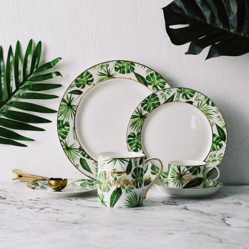 Beauty Gold European Style Green Plants Pattern Ceramic Tableware Porcelain Dinnerware Set Bone China Plate Mug Cup And Saucer
