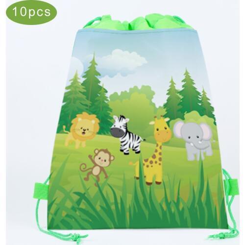 10pcs Jungle Theme Party Gifts Bags 34X27cm Candy Bags Green Safari Animals Packing Non-woven Backpack Kids Party Decorations