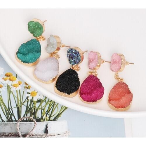Fashion New Gold Color Geometric Druzy Earring For Women 2019 Bohemian Handmade Resin Stone Long Drop Earrings Design Jewelry