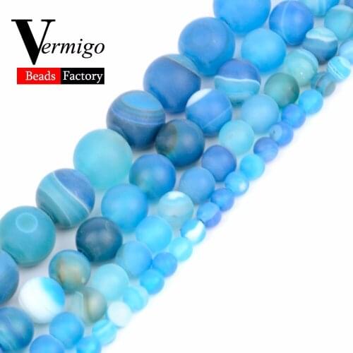 Wholesale 4 6 8 10 12mm Dull Polish Blue Stripe Agates Stone Beads Natural Gem Matte Beads For Jewelry Making Diy Bracelet
