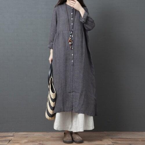 Autumn Vintage Women Long Sleeve Long Dress Casual Loose Cotton Linen Dress Split Irregular Shirt Dress Vestidos Plus Size A1876