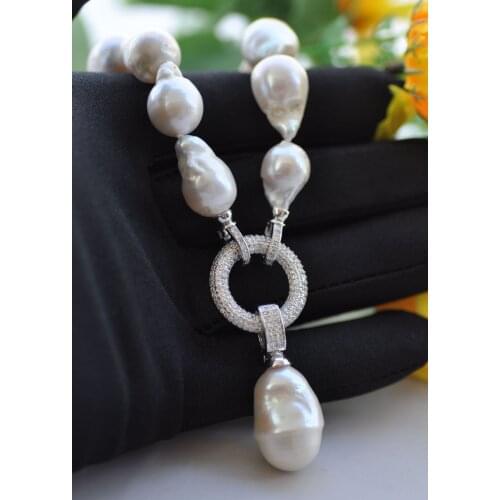 P7558 17" 20mm White Drop Baroque Keshi Pearl Choker Necklace Pendant CZ