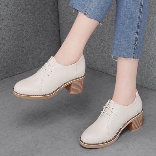 Casual leather shoes, single shoes, thick-heeled leather womens shoes 2021 spring autumn students middle-heeled thick-sole