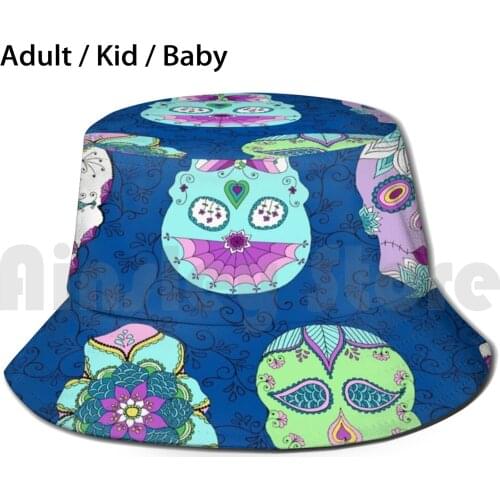 Blue Sugar Skulls Sun Hat Foldable UV Protection Sugar Skulls Dragonfly Flower Kristin Omdahl
