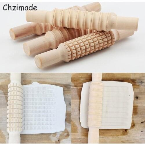 Chzimade Wooden Polymer Clay Roller Fondant Cake Rolling Pin Tools DIY Embossing Texture Print Pottery Clay Tools
