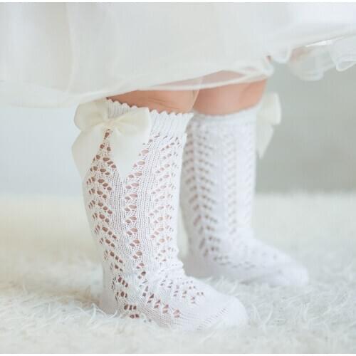 0-3Years Newbron Baby Girls Hollow Out Bowknot Socks Keen High Knitted Solid Stockings Breathable Thin Leggings For Infant