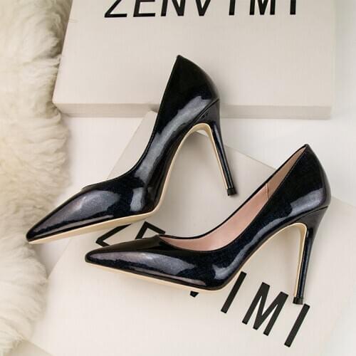 MHYONS 10CM PUMPS Patent leather sexy pointed high heels nightclub was thin female shallow mouth single shoes stiletto shoes