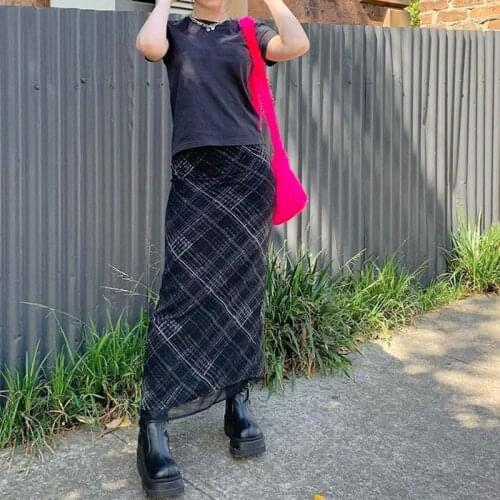 Gothic Black Plaid E-Girl Aesthetic A-Line Women Midi Skirts Grunge Mesh High Waist Skinny Long Skirt Streetwear 2021 Summer
