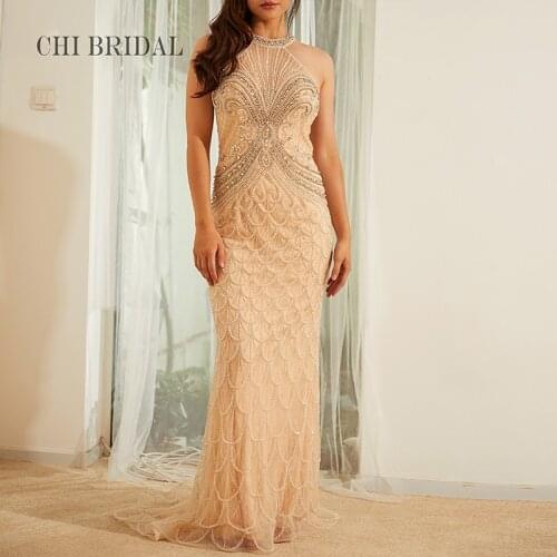 Hanging Neck Sleeveless Evening Dress Fashion And Elegant Mesh Fabric Handmade Long Dress Beading Trailing Evening Dress