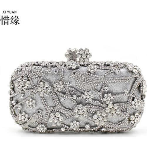 XIYUAN BRAND Fashion Lady Party Wedding silver Handbag Purse Girl hard Evening shoulder Bag Bridal Women Crystal Clutch wallet