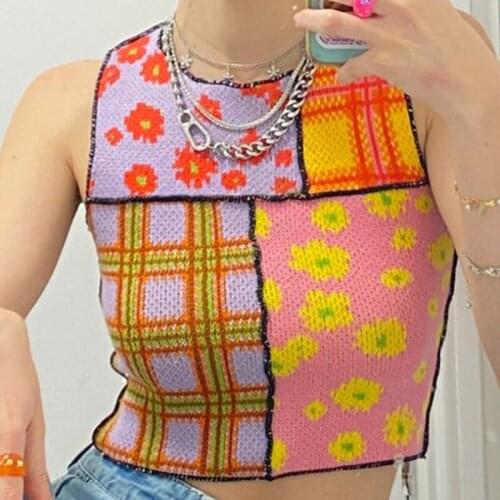 Women Causal Round Neck Knitted Vest Fashion Contrast Color Flower Exposed Navel Sleeveless Tops