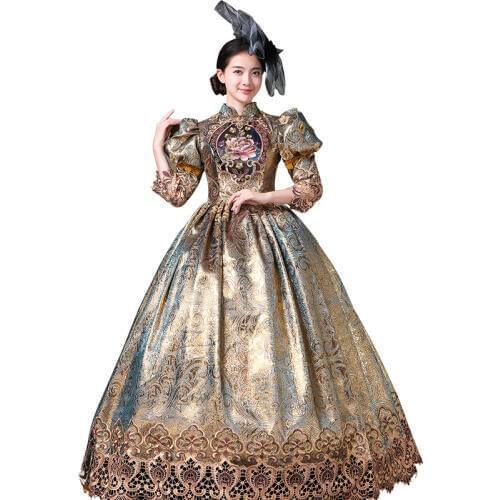 S-2XL Royal Champagne Marie Antoinette Women Long Dress Medieval Masquerade Dresses Ball Gowns Theater Costumes With Hat