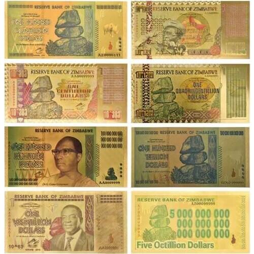 Zimbabwe $Z100 Trillion/100 Quintrillion/5 Octillion/100 Decillion Dollar Gold Foil Banknote Replica Paper Money Business Gift