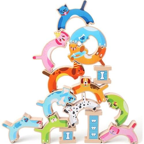 3DWooden Montessori Stacked High Building Blocks Animal Puppy Balance Puzzle Blocks Stacking Game Children Early Educational Toy