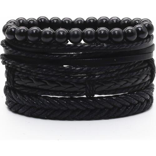 Black Combination Guitar Feather Infinity Wing Cross Beads Wrap Woven Leather Men Bracelets Set Bangle male Jewelry Fashion