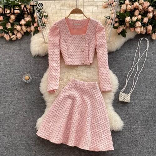 DEAT Women Square-neck Long Sleeve Blazer Short Jacket Skirt New Short Two Piece Set Fashiontemperament Autumn 2021 11D3449