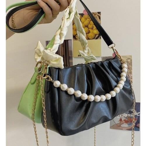 Small PU Leather Shoulder Crossbody Bags For Women Solid Color Womens Designer Pearl Chain Handbag Female Travel Pleated Bag