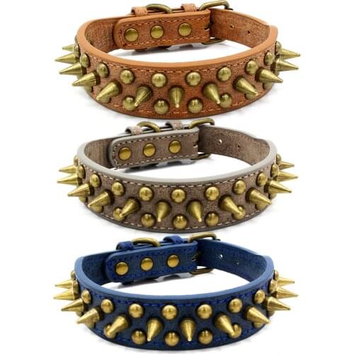Pet dog PU Leather Collar Adjustable Size Bronze Rivet Punk Spiked Collar Large Medium And Small Dog Collar For Pets Neck Strap