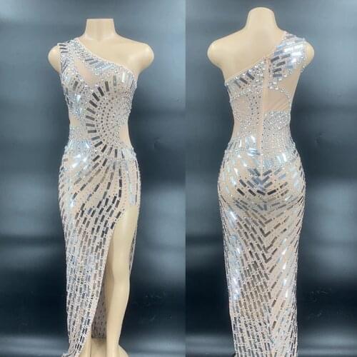 Sexy Off-Shoulder Slim Dress For Female Shiny Nightclub Rhinestone Dresses Host Wear Bar Singer Costume Eevening Dress VDB3775