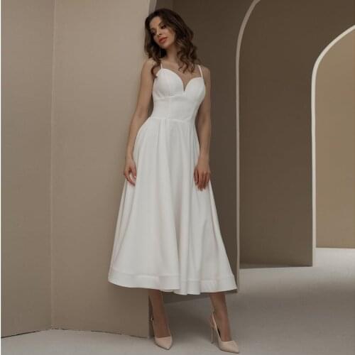 Simple Short Wedding Dresses 2021 Tea-Length Straps A-Line Crepe Bridal Gowns Couture Bride Dress Vestido De Noiva